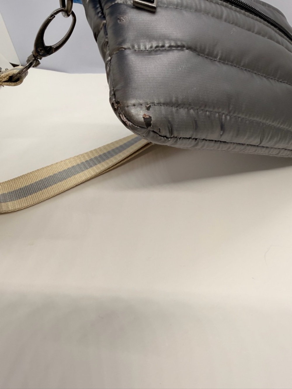 THINK ROYLN Quilted Crossbody Bag in Black with Beige-Gray Stripe Strap - Picture 9 of 13